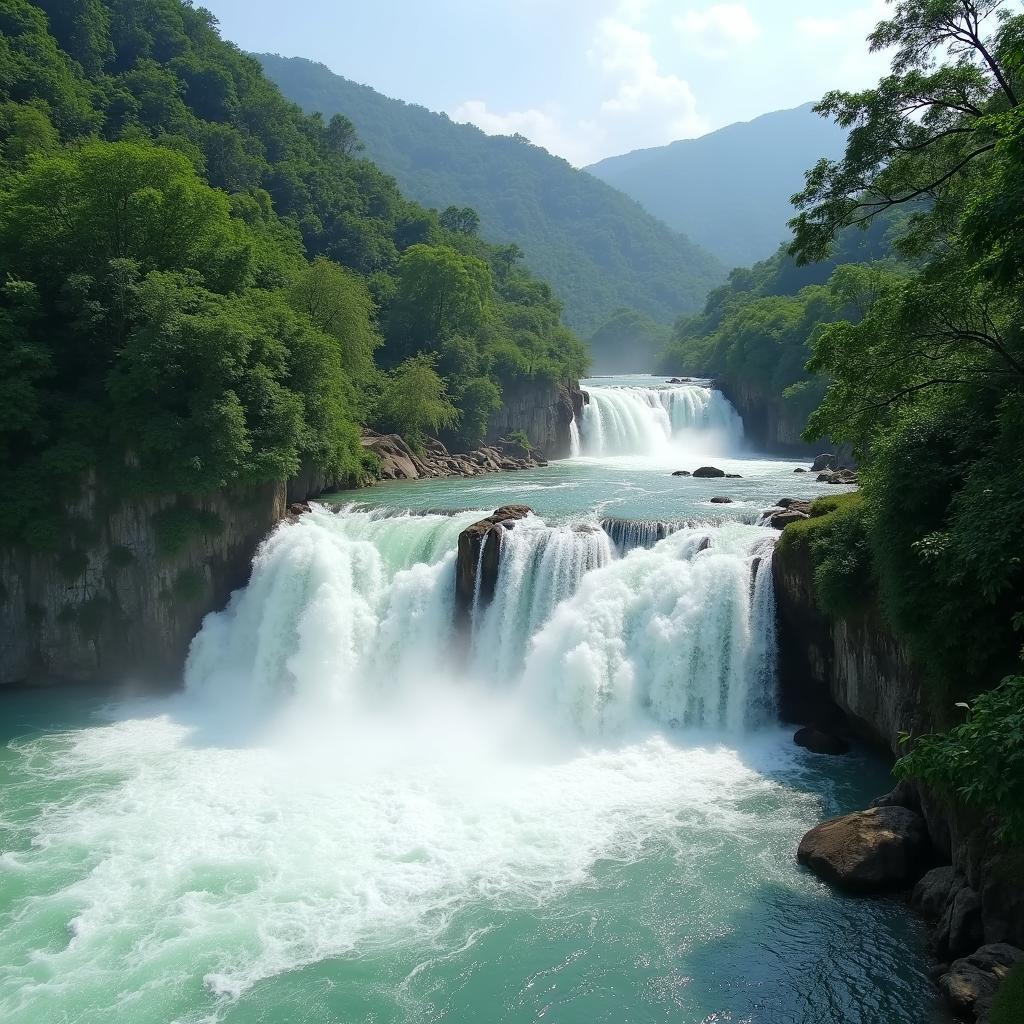 Dòng nước trắng xóa chảy xiết tại Thác Thủy Tiên Đắk Lắk tạo nên khung cảnh thiên nhiên hùng vĩ