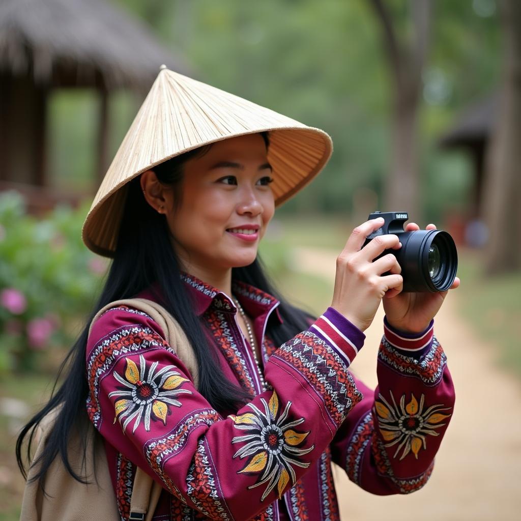 Du khách mặc trang phục truyền thống của người dân tộc thiểu số Tây Nguyên chụp ảnh tại Khu Du Lịch Sinh Thái Văn Hóa Cộng Đồng Kŏ Tam, Đắk Lắk