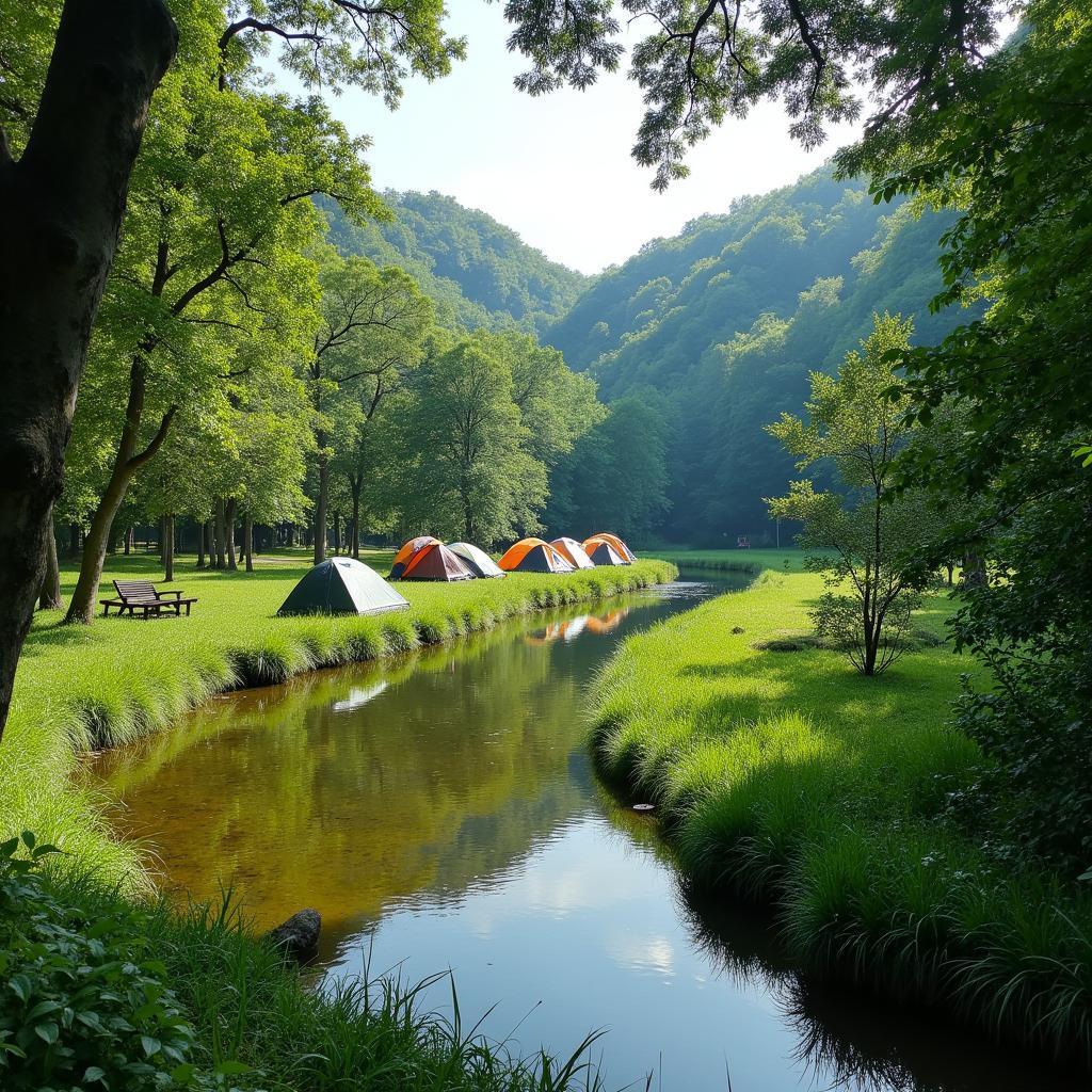 Khu vực cắm trại xanh mát và trong lành tại Thác Thủy Tiên Đắk Lắk, địa điểm lý tưởng cho các hoạt động ngoài trời