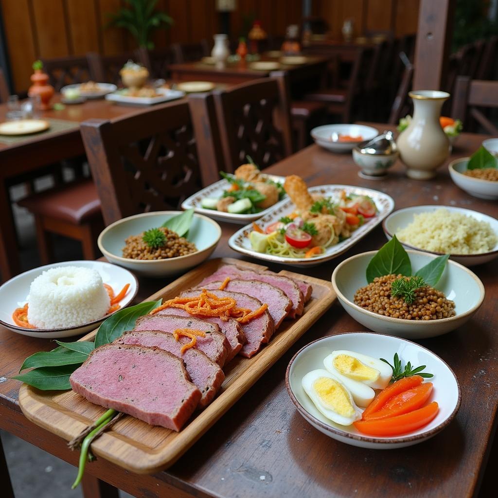 Nhà hàng tại Khu Du Lịch Sinh Thái Văn Hóa Cộng Đồng Kŏ Tam, Đắk Lắk, phục vụ các món ăn đặc sản Tây Nguyên trong không gian truyền thống