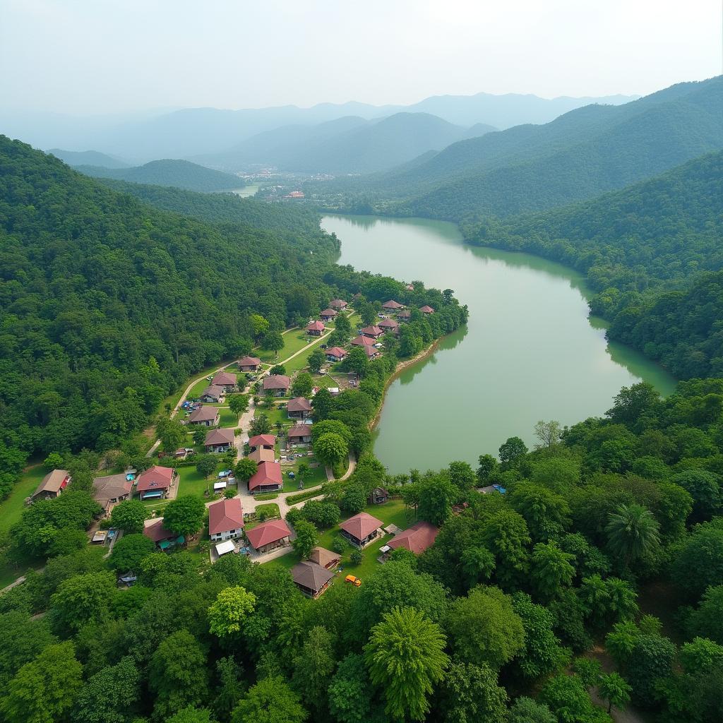 Toàn cảnh khu du lịch sinh thái văn hóa cộng đồng Kŏ Tam Đắk Lắk nhìn từ trên cao, xanh mát và yên bình