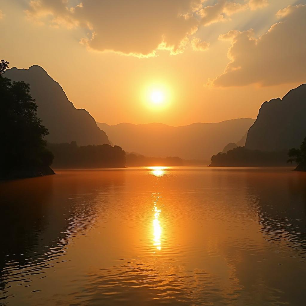 Bình minh trên hồ Ea Nueng Đắk Lắk với ánh nắng vàng chiếu rọi mặt hồ, tạo nên khung cảnh thơ mộng