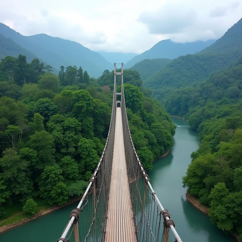 Toàn cảnh cầu treo Buôn Đôn bắc qua dòng sông Serepok hùng vĩ, bao quanh là rừng cây xanh mát, thể hiện vẻ đẹp hoang sơ của Tây Nguyên.