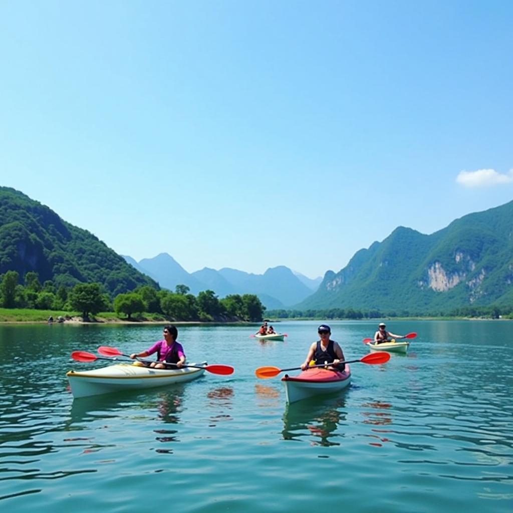 Du khách chèo thuyền kayak trên hồ Ea Kao, Đắk Lắk, với phong cảnh núi non hùng vĩ và bầu trời trong xanh