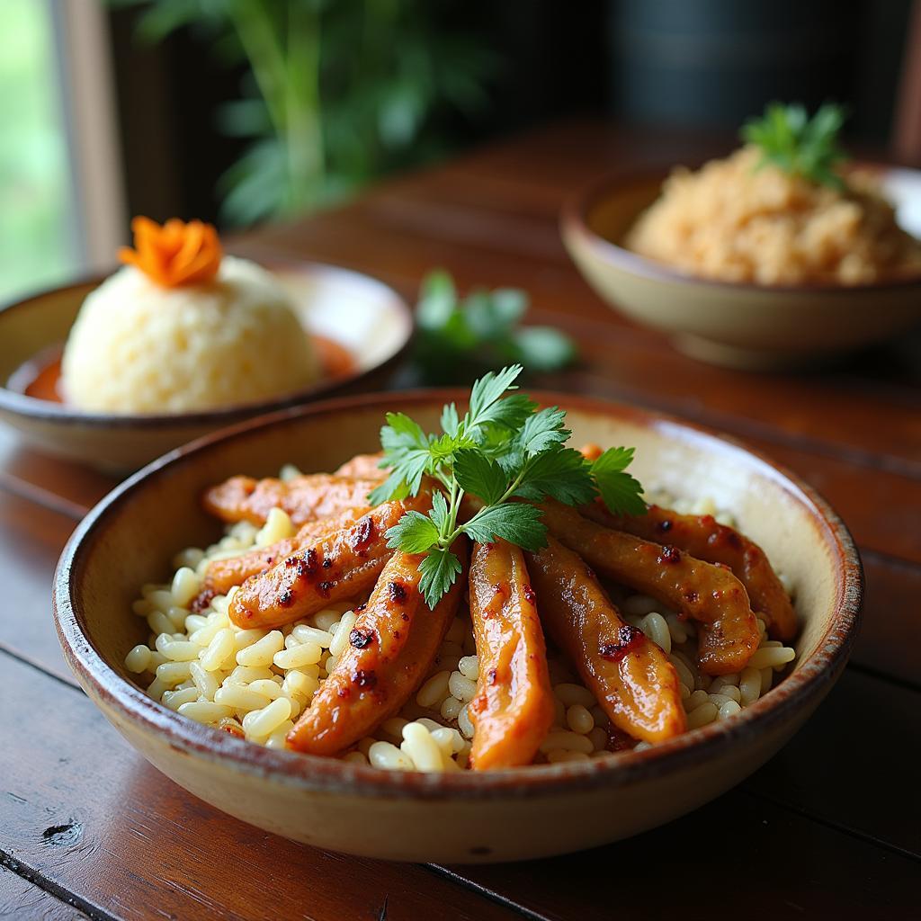 Món cơm lam và gà nướng đặc sản của Buôn Ko Tam, được chế biến theo công thức truyền thống, hương vị thơm ngon đậm đà bản sắc Tây Nguyên