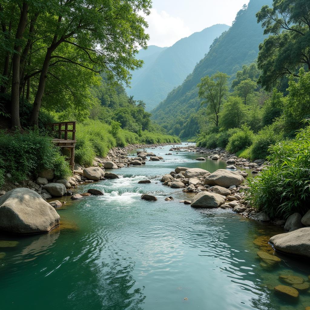 Con suối trong xanh mát lành chảy qua Buôn Ea Đrăng Đắk Lắk, tạo nên cảnh quan thiên nhiên yên bình và thơ mộng