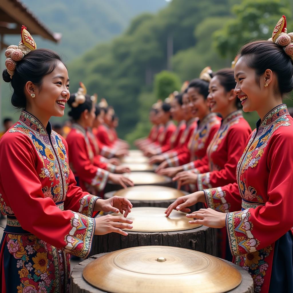 Biểu diễn cồng chiêng Tây Nguyên tại Buôn Cổ Jun, Đắk Lắk với trang phục truyền thống