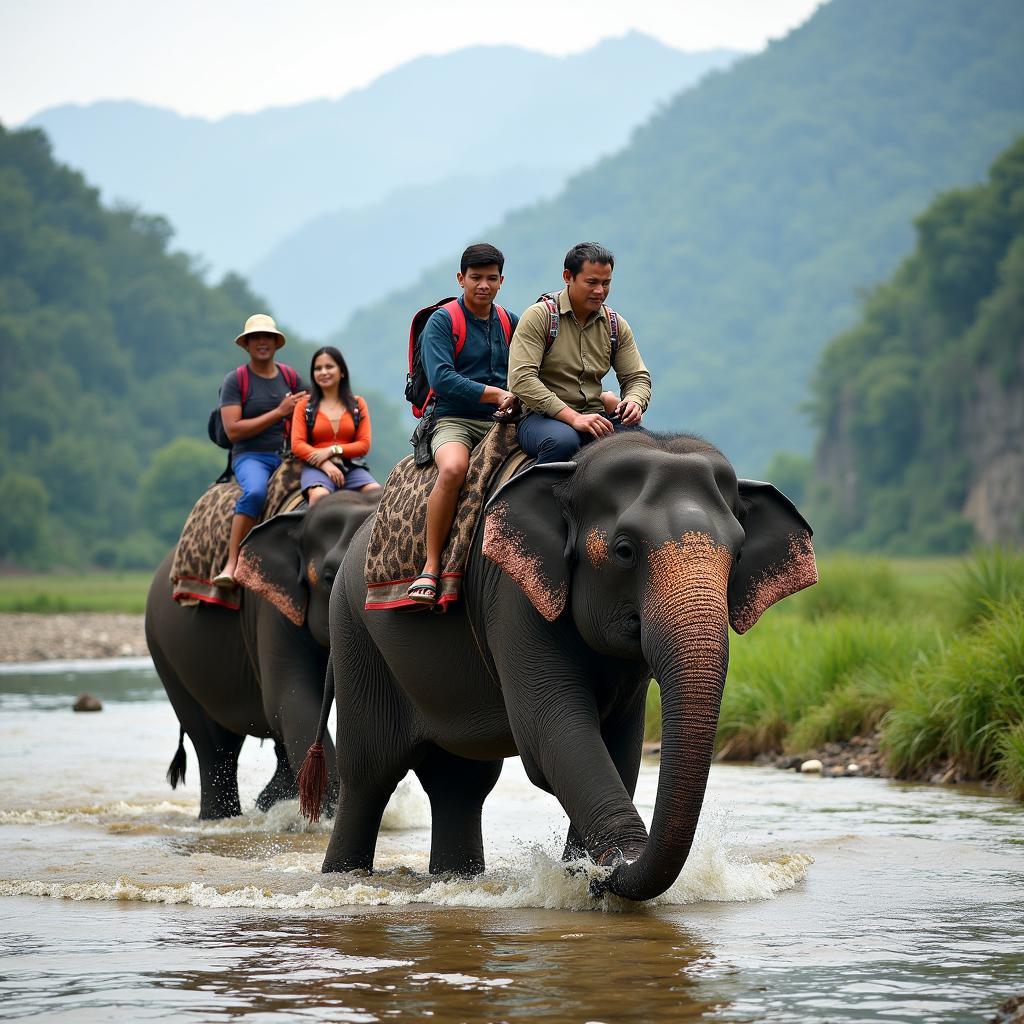 Du khách trải nghiệm cưỡi voi vượt sông Serepok tại Buôn Đôn, một trải nghiệm du lịch độc đáo và hấp dẫn, thể hiện mối liên hệ giữa con người và động vật ở Tây Nguyên.