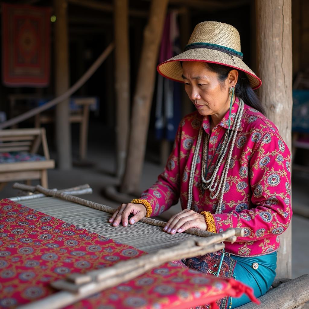 Người phụ nữ M'nông dệt vải thổ cẩm truyền thống tại Buôn Cổ Jun, Đắk Lắk