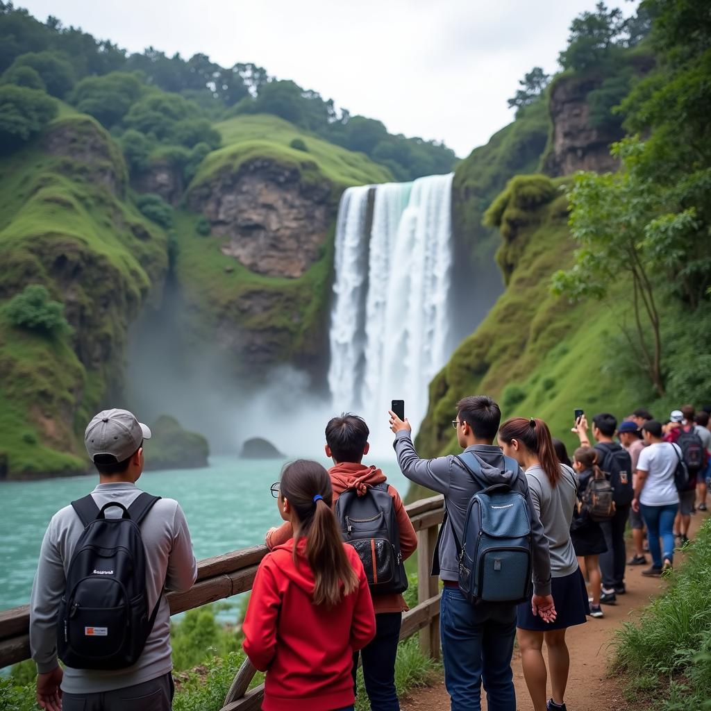 Du khách đang chụp ảnh lưu niệm tại thác Đray Nur, thể hiện sự thích thú và khám phá vẻ đẹp thiên nhiên.
