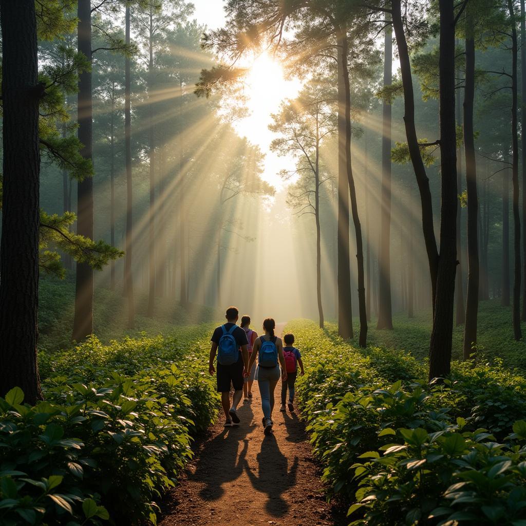 Du khách đi bộ đường dài trong rừng khộp Yok Đôn vào buổi sáng sớm, tận hưởng không khí trong lành và cảnh quan thiên nhiên.