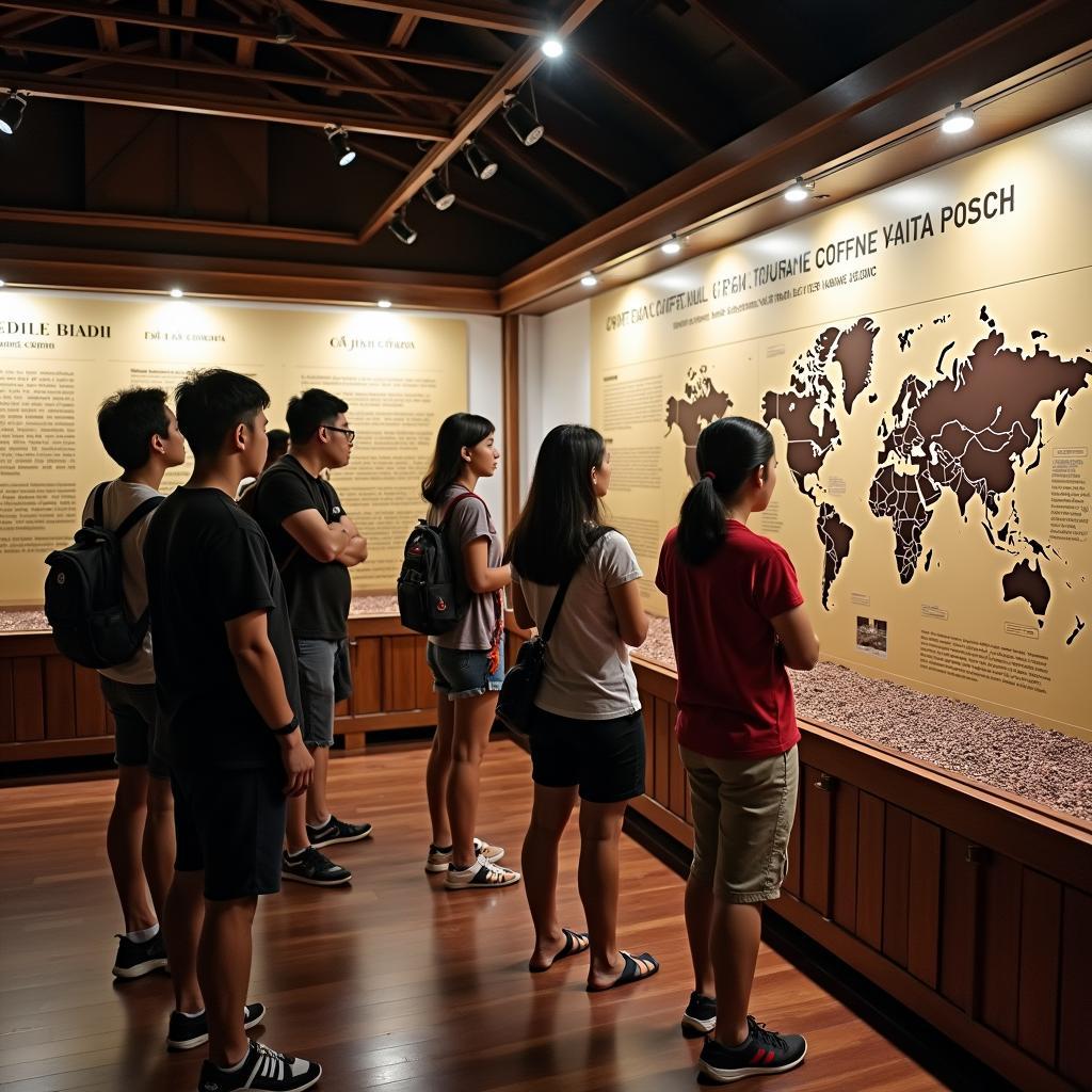 Du khách tham quan bảo tàng thế giới cà phê Buôn Ma Thuột, tìm hiểu về lịch sử và văn hóa cà phê Việt Nam và thế giới.