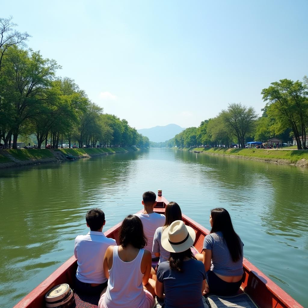 Du khách đang ngồi trên thuyền du lịch, tận hưởng cảnh đẹp yên bình của sông Krông Ana Đắk Lắk, với những hàng cây xanh và bầu trời trong xanh.