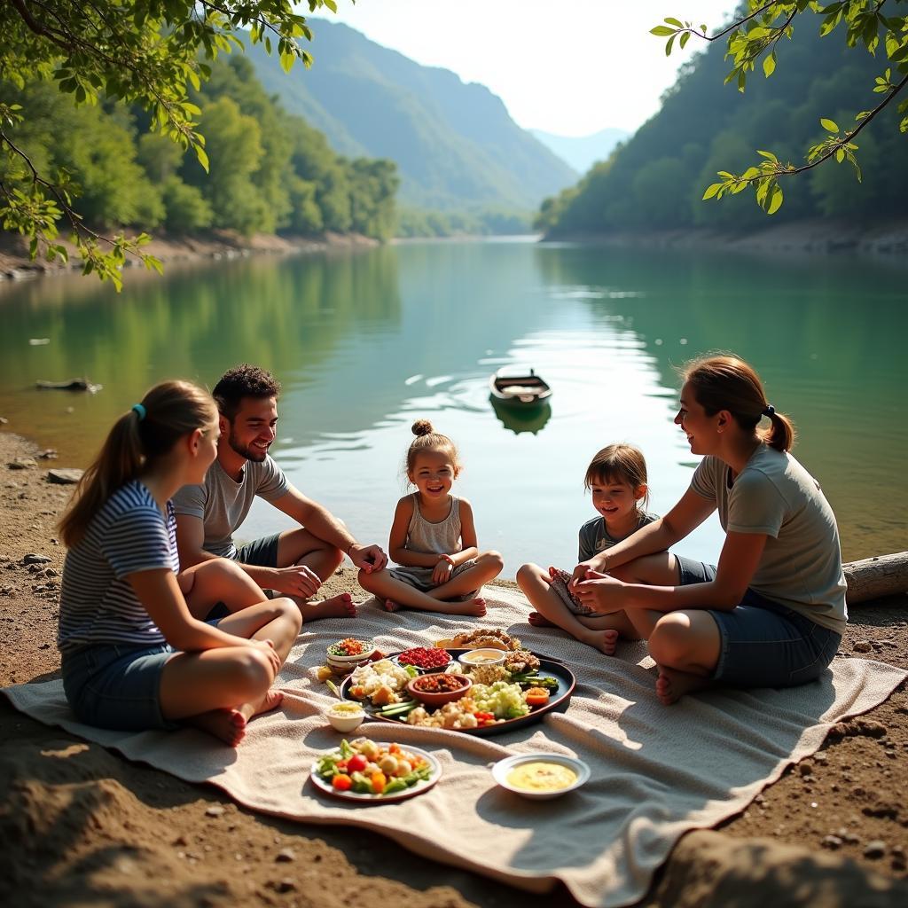 Một gia đình đang tổ chức picnic vui vẻ bên bờ sông Krông Ana Đắk Lắk, với thảm trải, đồ ăn và khung cảnh thiên nhiên tươi đẹp.