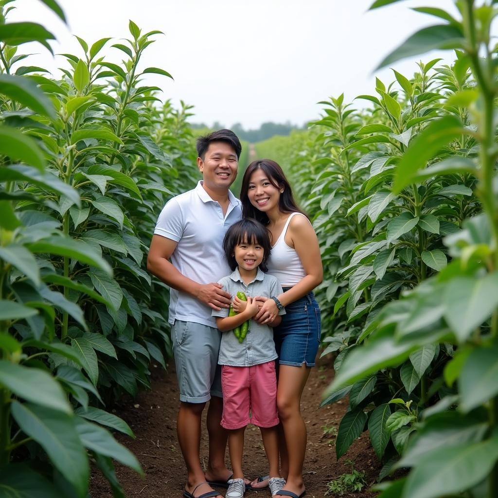 Một gia đình vui vẻ tham quan vườn tiêu ở Đắk Lắk, chụp ảnh lưu niệm giữa những hàng tiêu xanh mướt.