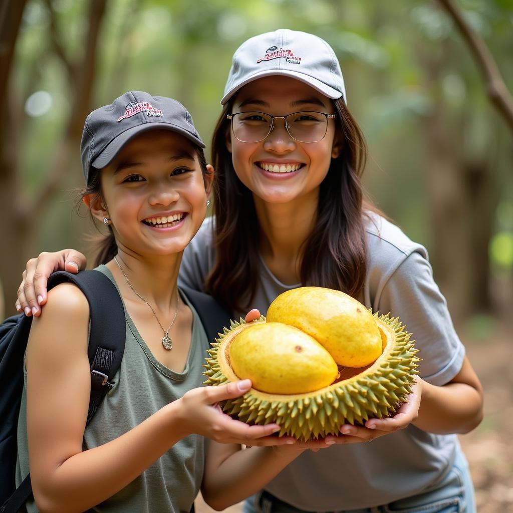 Du khách đang hái trái sầu riêng chín vàng tại vườn trái cây Ea Kao, Đắk Lắk, với nụ cười rạng rỡ thể hiện sự thích thú
