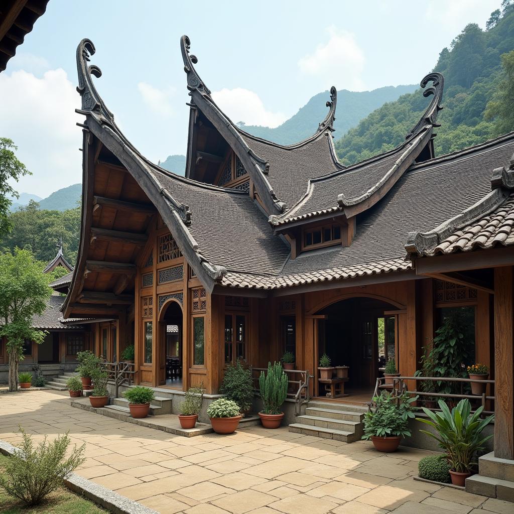 Kiến trúc độc đáo của nhà dài truyền thống tại Buôn Jun, Đắk Lắk với mái cong vút và hoa văn trang trí tinh xảo.