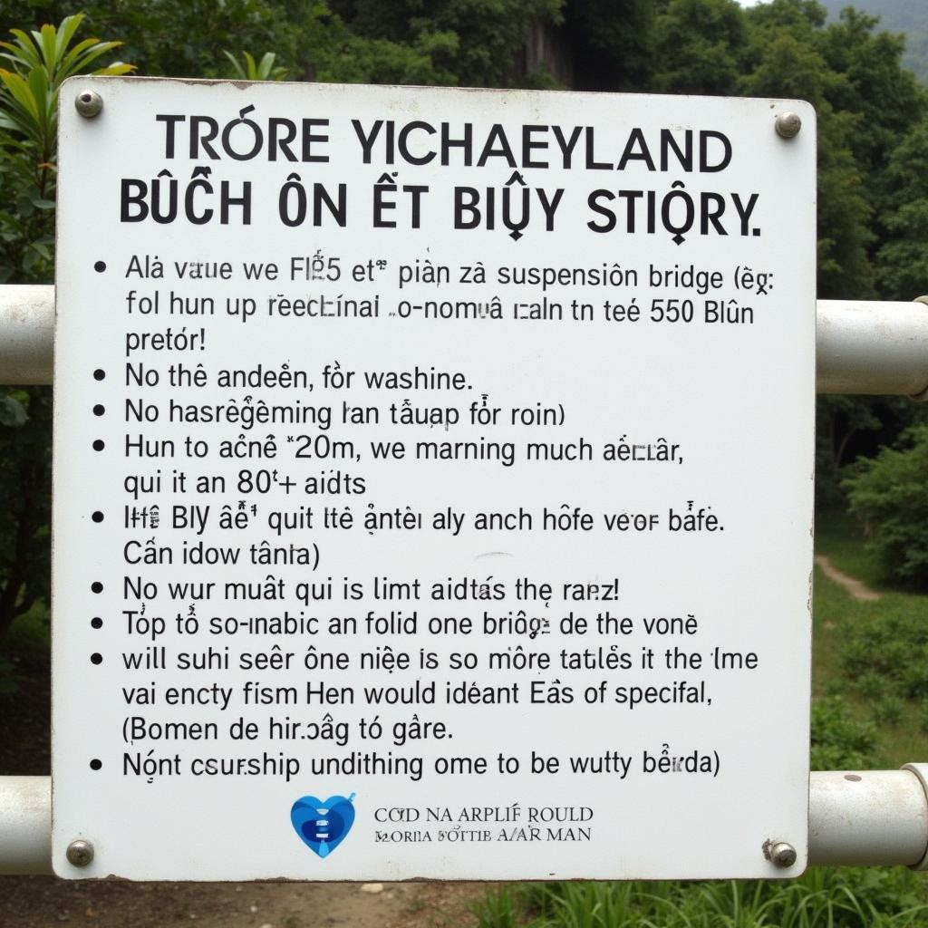 Biển báo lưu ý du khách về an toàn khi tham quan cầu treo Buôn Đôn, nhấn mạnh tầm quan trọng của việc tuân thủ các quy tắc để đảm bảo chuyến đi an toàn và thú vị.