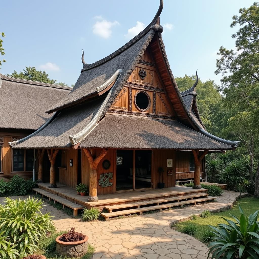 Nhà dài truyền thống của người Ê Đê tại Buôn Ko Tam, kiến trúc độc đáo với mái cong và hoa văn trang trí tinh xảo