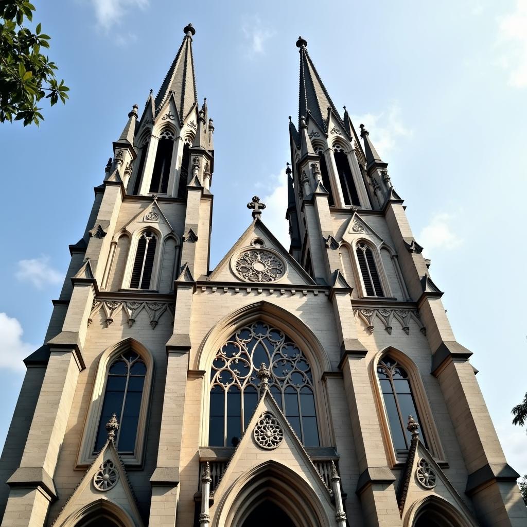 Kiến trúc Gothic của nhà thờ Chính Tòa Buôn Ma Thuột với tháp chuông cao và các chi tiết trang trí tinh xảo