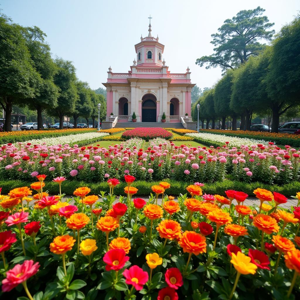 Khu vườn hoa rực rỡ sắc màu bao quanh nhà thờ Chính Tòa Buôn Ma Thuột với nhiều loại hoa khác nhau