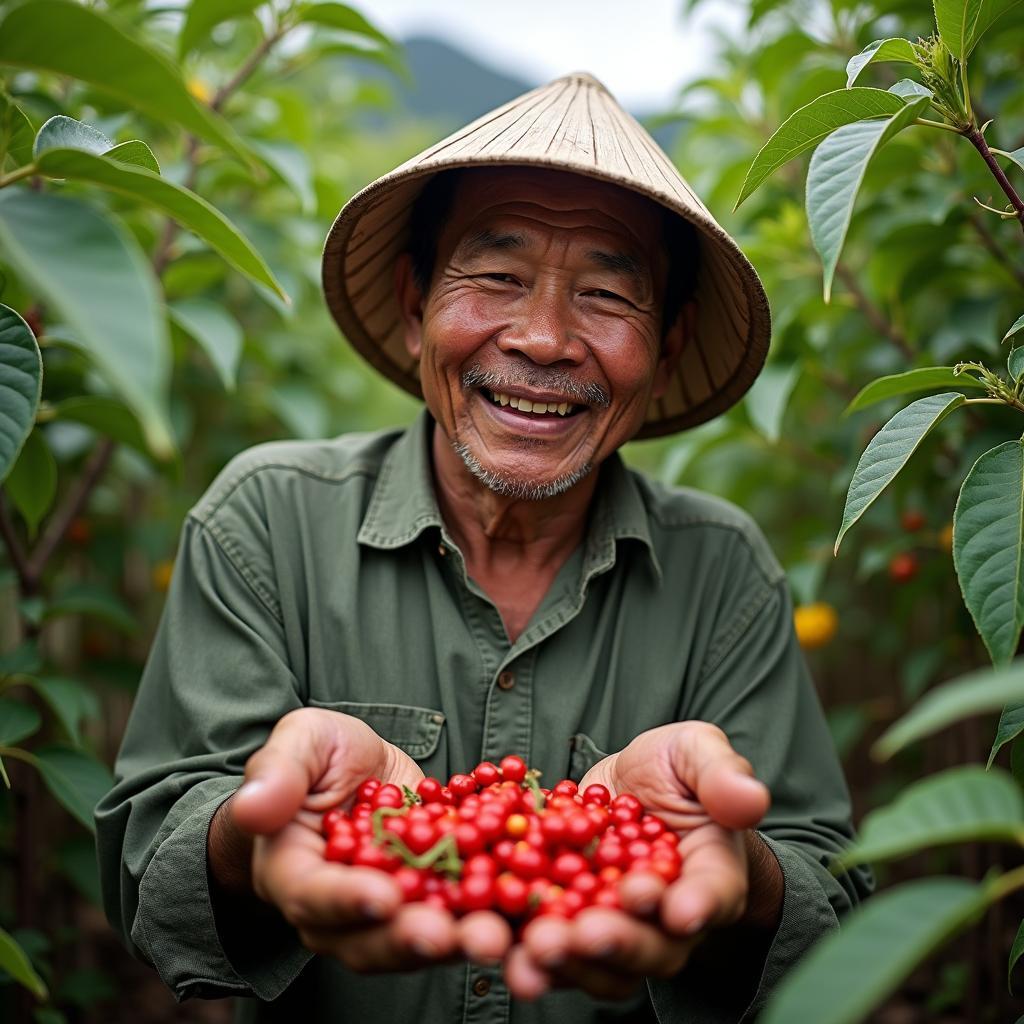 Người nông dân Đắk Lắk đang thu hoạch tiêu chín đỏ trong vườn, nụ cười rạng rỡ trên khuôn mặt.