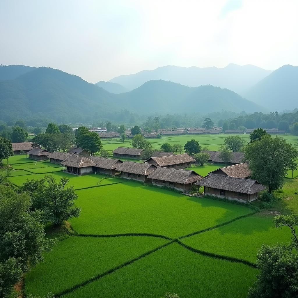 Toàn cảnh Buôn Cổ Jun Đắk Lắk với những nếp nhà dài truyền thống và khung cảnh thiên nhiên xanh mát