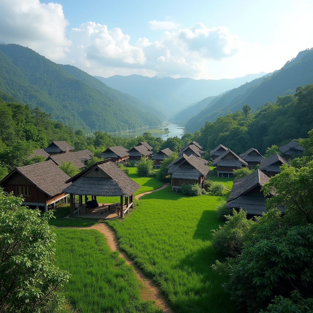 Toàn cảnh buôn Ko Tam Đắk Lắk với nhà dài truyền thống và không gian xanh mát, thanh bình