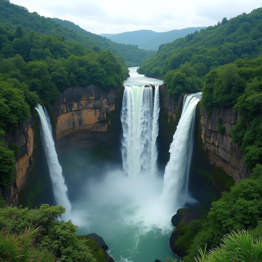 Toàn cảnh thác Đray Nur hùng vĩ, dòng nước trắng xóa đổ xuống từ vách đá bazan, bao quanh là rừng cây xanh mát.