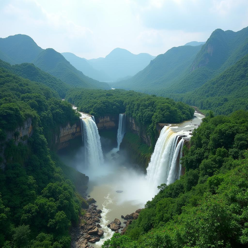 Toàn cảnh thác Trinh Nữ Đắk Lắk hùng vĩ với dòng nước trắng xóa giữa núi rừng xanh mướt