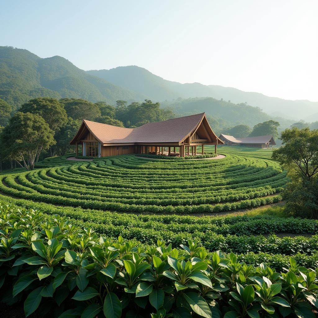 Toàn cảnh vườn sinh thái cà phê Mêhyco Đắk Lắk với những hàng cà phê xanh mướt và kiến trúc độc đáo